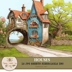 12 Bright Cottage Houses Backgrounds - Printable JPG , 12x12 inches Fantasy Backgrounds for DIY– PaperPrintsPro