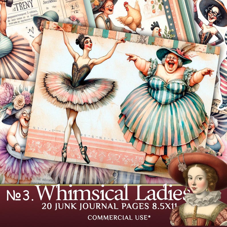 Whimsical Old Ladies Junk Journal Pages - Cartoon Grandmothers Clipart for Scrapbooking