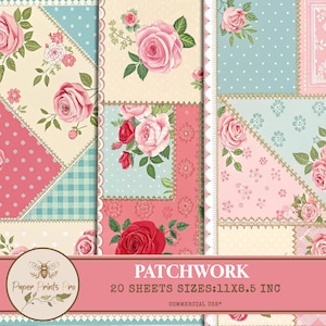 Floral Patchwork Digital Paper Pack - 20 Sheets shabby shick -PaperPrintsPro