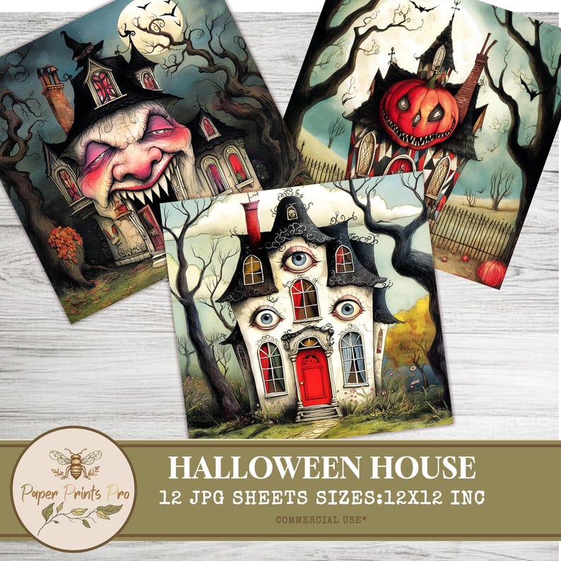Haunted House Backgrounds for Halloween | 12 Printable JPGs Spooky Digital Paper for Junk Journals, Scrapbooking, Cards - Paper Prints Pro