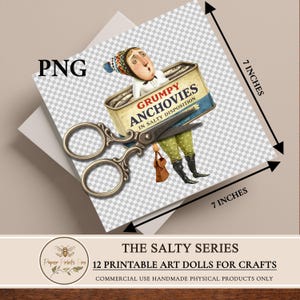 Printable paper dolls set by PaperPrintsPro featuring 12 vintage fish character dolls inspired by retro sardine tins. Includes expressive illustrated paper dolls, vintage advertising ephemera labels, and decorative background papers. Designed for printing and cutting, ideal for junk journals, scrapbooking, handmade paper crafts, and mixed media projects. Digital download only.