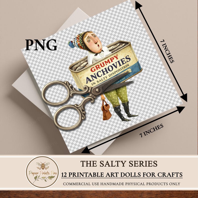 Printable paper dolls set by PaperPrintsPro featuring 12 vintage fish character dolls inspired by retro sardine tins. Includes expressive illustrated paper dolls, vintage advertising ephemera labels, and decorative background papers. Designed for printing and cutting, ideal for junk journals, scrapbooking, handmade paper crafts, and mixed media projects. Digital download only.