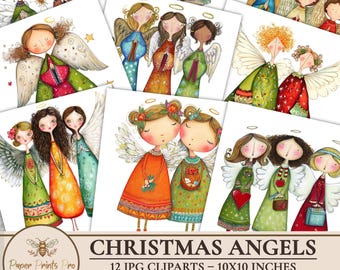 Vintage Christmas Angels Clipart Set: Whimsical Holiday Digital Art (JPG, 10x10 inches, 300 DPI)