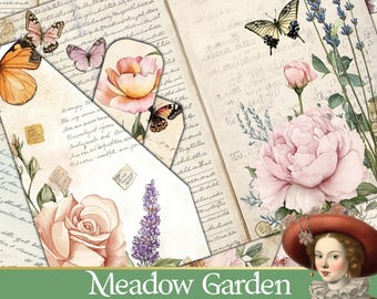 Digital Paper Set - botanical journal Meadow Garden with wildflowers-pockets,  envelope and juornal ephemera included.