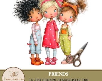 Friendship Clipart - 10 Printable JPG, Cute Victorian Kids Illustrations, Digital Scrapbook Paper, Whimsical Art PaperPrintsPro