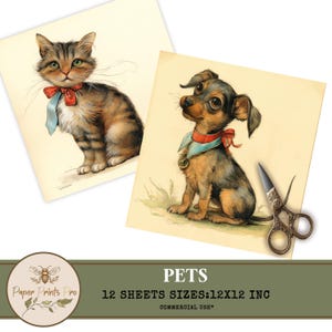 Vintage Pet Illustrations - Cute Dog & Cat Clipart, 12 JPG, Printable Ephemera, Digital Scrapbooking, Animal Prints -Paper Prints Pro