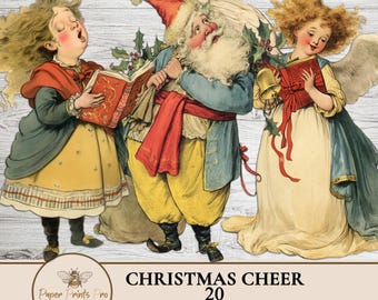 Christmas Paper Dolls Printable Ephemera Kit with Santa, Angels for Junk Journal Collage Crafts