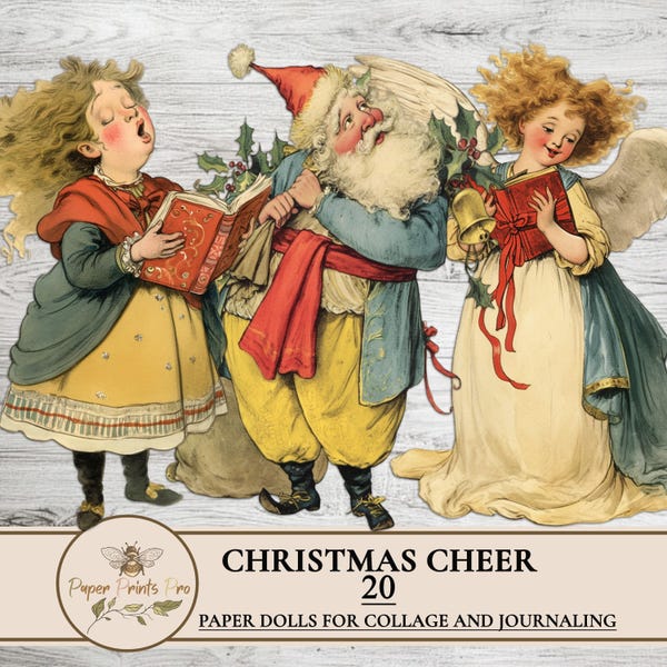 Kit éphémères imprimables de poupées en papier de Noël avec le père Noël, des anges pour l'artisanat de collage de journal indésirable