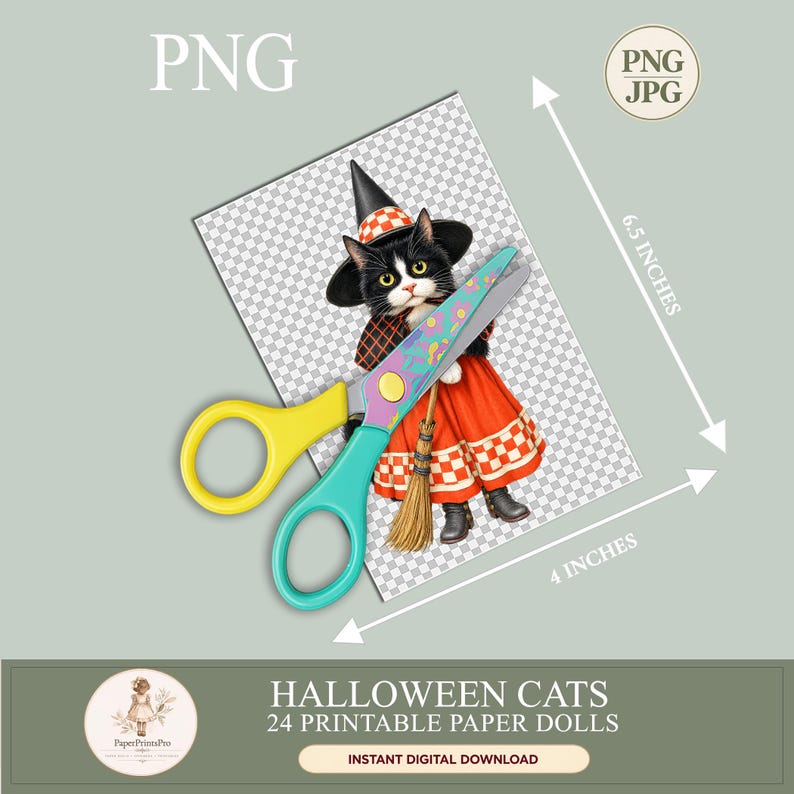Halloween cat paper dolls: 24 printable black, tabby and ginger cats dressed as witches in colorful vintage Halloween costumes with hats, brooms, pumpkins and bows. Instant digital download includes high-resolution PNG files with transparent backgrounds and JPG printable sheets, ideal for Halloween crafts, junk journals, scrapbooking, card making and fussy cutting.
