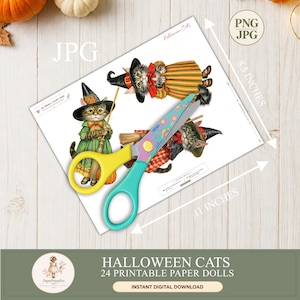 Halloween cat paper dolls: 24 printable black, tabby and ginger cats dressed as witches in colorful vintage Halloween costumes with hats, brooms, pumpkins and bows. Instant digital download includes high-resolution PNG files with transparent backgrounds and JPG printable sheets, ideal for Halloween crafts, junk journals, scrapbooking, card making and fussy cutting.