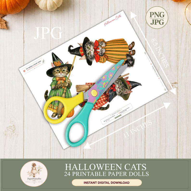 Halloween cat paper dolls: 24 printable black, tabby and ginger cats dressed as witches in colorful vintage Halloween costumes with hats, brooms, pumpkins and bows. Instant digital download includes high-resolution PNG files with transparent backgrounds and JPG printable sheets, ideal for Halloween crafts, junk journals, scrapbooking, card making and fussy cutting.