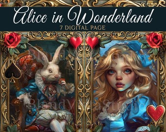 Alice in Wonderland Junk Journal Kit: 7 Digital Scrapbook Pages (PDF)