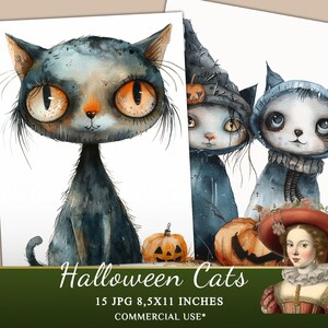 Watercolor Halloween Cats Clipart Collection, 15 JPG  Halloween Clipart, Cute Halloween Animals Clipart