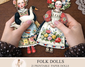 Printable Paper Dolls Spring Floral Folk Girls Junk Journal Ephemera Craft Supplies by PaperPrintsPro