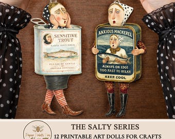 Paper Dolls Printable, 12 PNG JPG Vintage Fish Characters for Crafts, Ephemera & Backgrounds - PaperPrintsPro