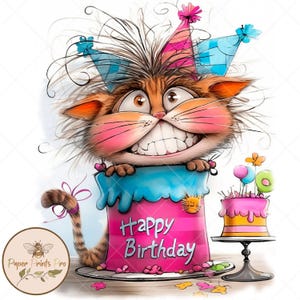 Quirky birthday cake clipart-Whimsical CAT  - 10 JPG Colorful Designs, Digital Download - PaperPrintsPro