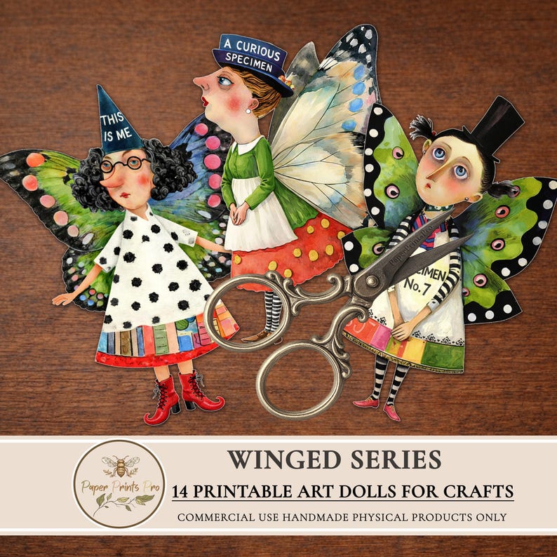Printable paper dolls digital clipart featuring winged art characters inspired by fairy and butterfly aesthetics. This set includes unique illustrated art dolls designed for crafting, junk journals, scrapbooking, collage, and handmade physical projects. High-quality printable artwork suitable for personal use and limited commercial use in handmade crafts.