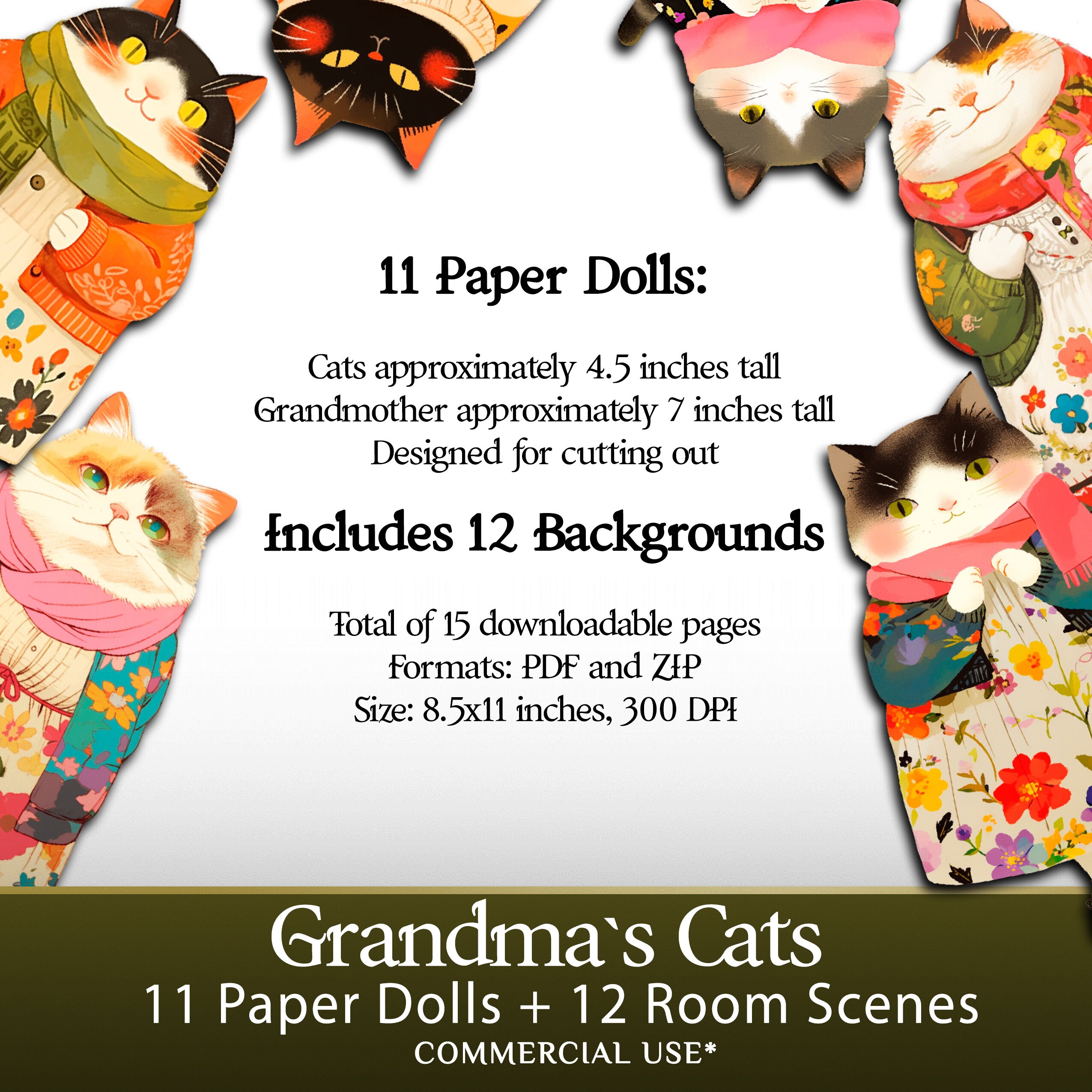 Cats Paper Doll Set: Grandma's Cats 11 Digital Paper Dolls &amp; 12 Scenes ...