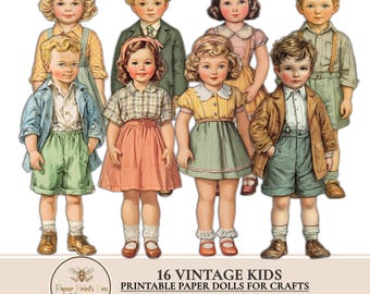 Printable Paper Dolls - Vintage Kids Children Cutouts Ephemera Craft Kit - PaperPrintsPro