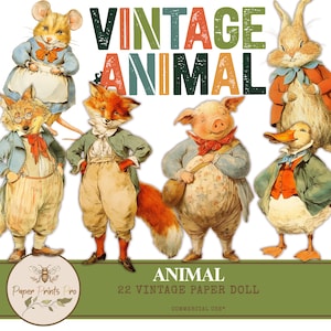 22 Vintage Animal Paper Dolls for Junk Journals, Scrapbooking, and Crafts -Clip Art PaperPrintsPro