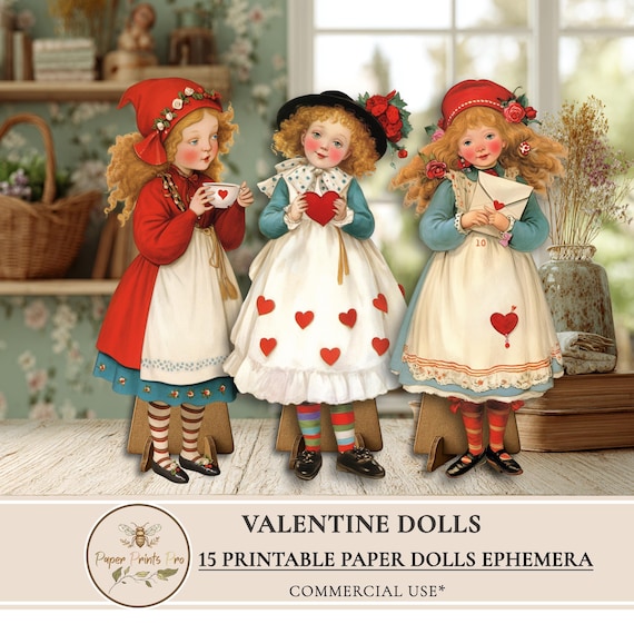 Printable Paper Dolls Valentine Ephemera Vintage Style for Junk Journal by PaperPrintsPro