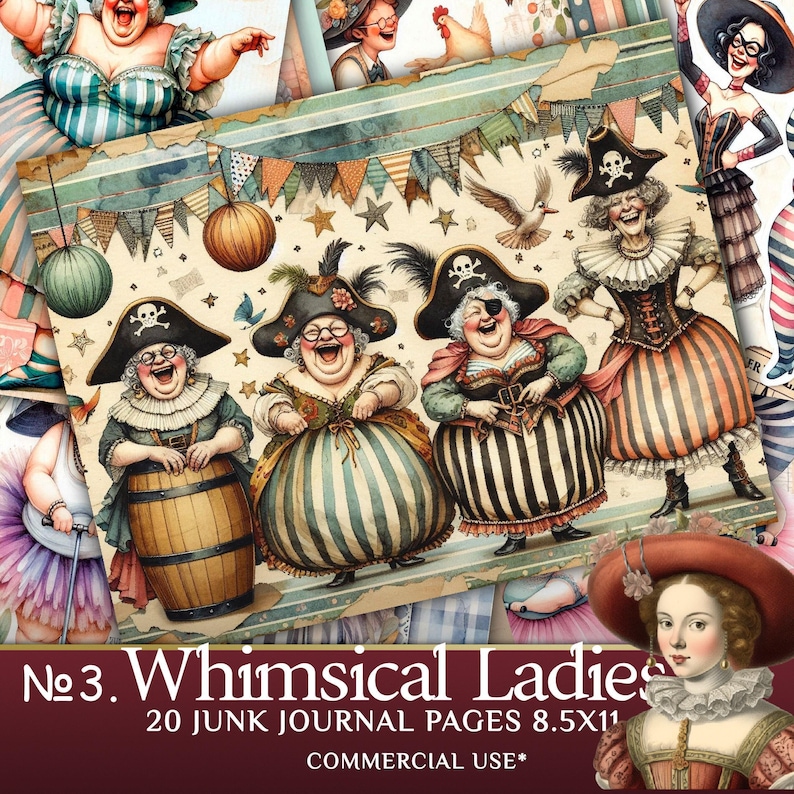 Whimsical Old Ladies Junk Journal Pages - Cartoon Grandmothers Clipart for Scrapbooking