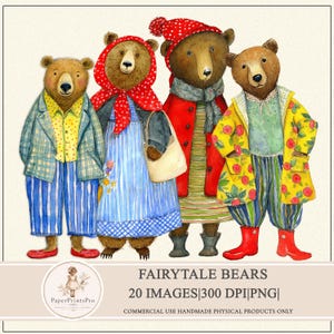 Fairytale Bears printable clipart by PaperPrintsPro, 20 PNG images, 300 DPI, whimsical anthropomorphic bears in vintage style clothing, floral dresses, scarves, coats and hats, colorful patterns, full body characters, hand painted look, perfect for junk journal, scrapbooking, collage, crafts, fussy cut, digital download for handmade projects