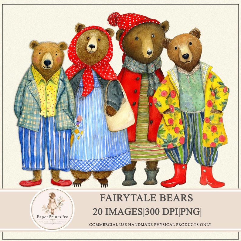 Fairytale Bears printable clipart by PaperPrintsPro, 20 PNG images, 300 DPI, whimsical anthropomorphic bears in vintage style clothing, floral dresses, scarves, coats and hats, colorful patterns, full body characters, hand painted look, perfect for junk journal, scrapbooking, collage, crafts, fussy cut, digital download for handmade projects