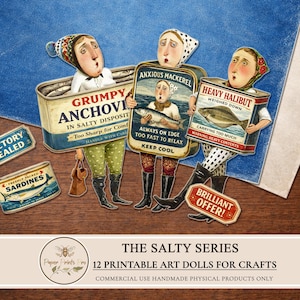 Printable paper dolls set by PaperPrintsPro featuring 12 vintage fish character dolls inspired by retro sardine tins. Includes expressive illustrated paper dolls, vintage advertising ephemera labels, and decorative background papers. Designed for printing and cutting, ideal for junk journals, scrapbooking, handmade paper crafts, and mixed media projects. Digital download only.
