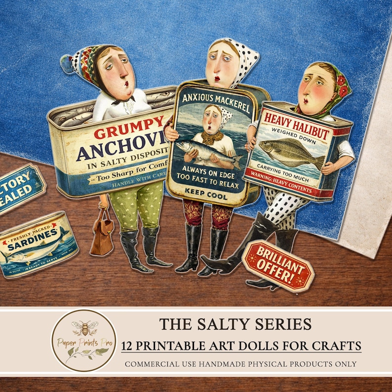 Printable paper dolls set by PaperPrintsPro featuring 12 vintage fish character dolls inspired by retro sardine tins. Includes expressive illustrated paper dolls, vintage advertising ephemera labels, and decorative background papers. Designed for printing and cutting, ideal for junk journals, scrapbooking, handmade paper crafts, and mixed media projects. Digital download only.