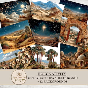 Holy Nativity clipart set with 30 PNG figures and matching JPG print sheets plus 12 backgrounds. Includes Holy Family, wise men, shepherds, angels, animals and Bethlehem star in vintage illustration style. Perfect printable ephemera for Christmas crafts, junk journal, card making and papercraft. Digital download by PaperPrintsPro.