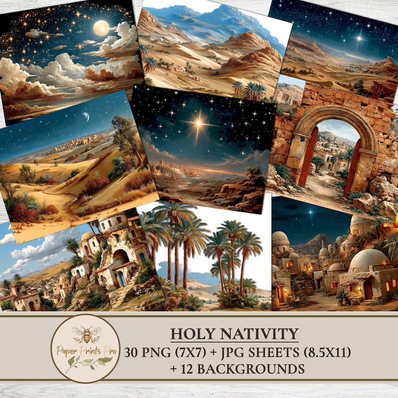 Holy Nativity clipart set with 30 PNG figures and matching JPG print sheets plus 12 backgrounds. Includes Holy Family, wise men, shepherds, angels, animals and Bethlehem star in vintage illustration style. Perfect printable ephemera for Christmas crafts, junk journal, card making and papercraft. Digital download by PaperPrintsPro.