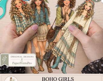 Bonecas de Papel Imprimíveis Estilo Boho, 24 Imagens PNG de Bonecas Boho, Decorações para Diário de Arte, PaperPrintsPro