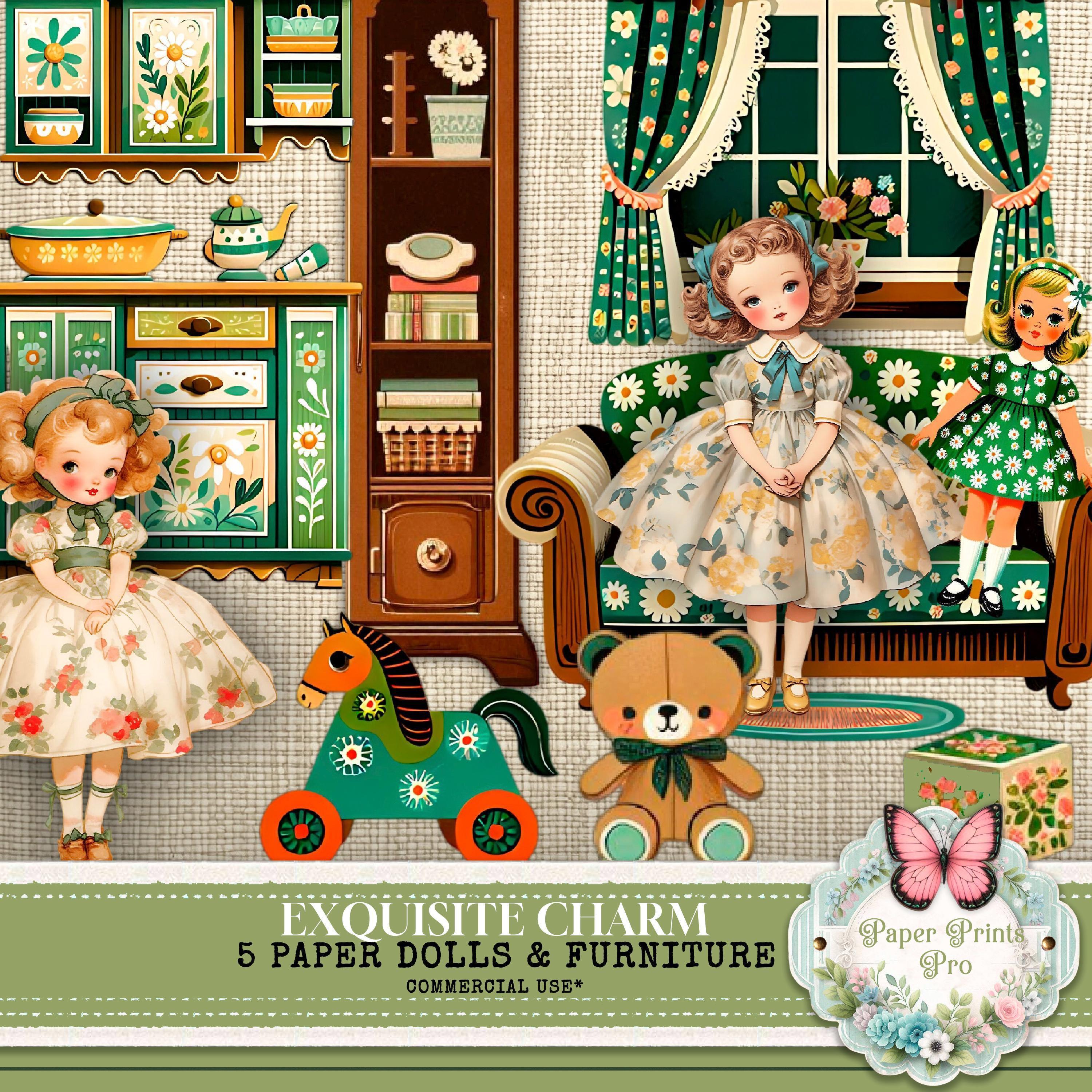 Printable Paper Dolls – 5 Dollhouse Figures with Kitchen and Bedroom Furniture Kit – PaperPrintsPro