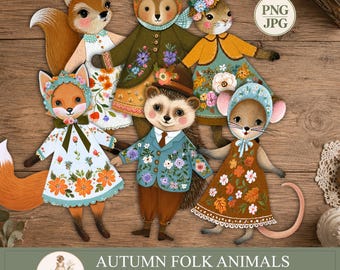 Paper Dolls Animals, Autumn Folk Clipart, Woodland Animal PNG, Fall Printable,  Journal Ephemera, PaperPrintsPro
