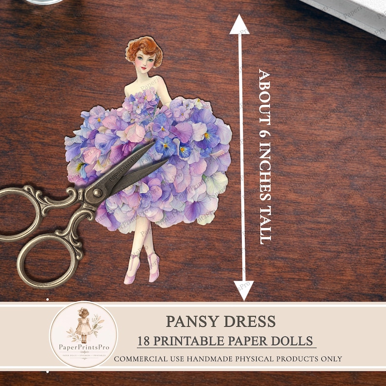 Printable paper dolls with pansy flower dress, floral ephemera for junk journal, vintage style paper doll clipart, fussy cuts for scrapbooking, detailed pansy petals gown, soft purple blue tones, printable cutout dolls for crafts, high resolution artwork by PaperPrintsPro