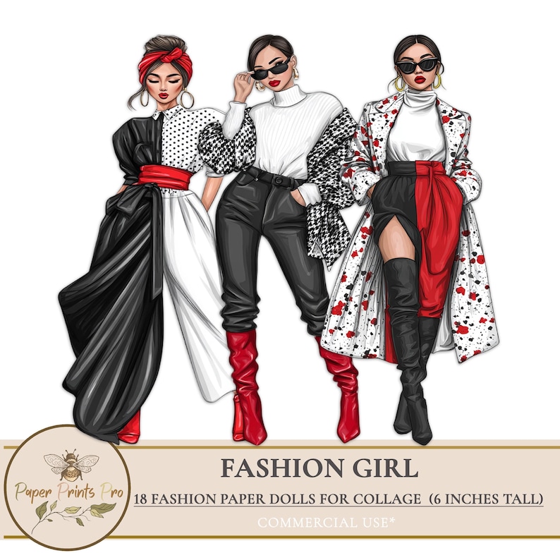 Printable Fashion Paper Dolls, 18 Fashion Girl Stickers for Planners, Collage, Scrapbooking, Diary Pages - PaperPrintsPro