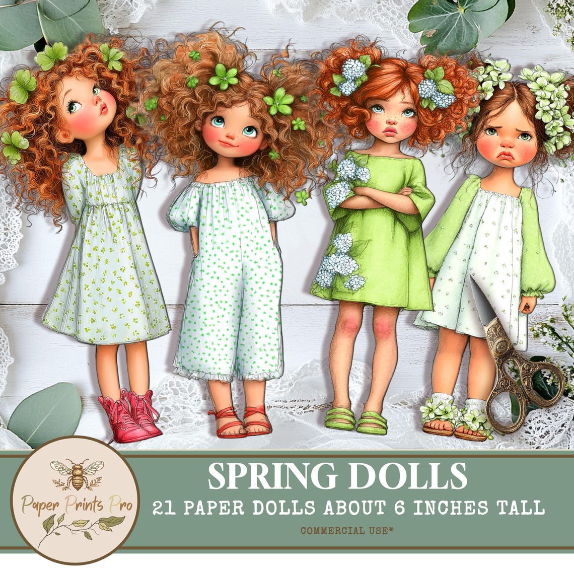 Spring Paper Dolls Printable Paper Dolls, Green Dress Girls, Spring Clipart for Junk ...