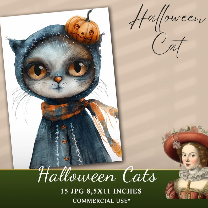Watercolor Halloween Cats Clipart Collection, 15 JPG  Halloween Clipart, Cute Halloween Animals Clipart