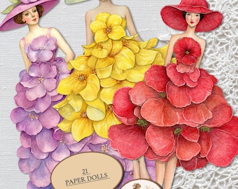 Printable Paper Dolls Flower Dress Women, Floral Ephemera, Junk Journal Supplies JPG PNG -PaperPrintsPro