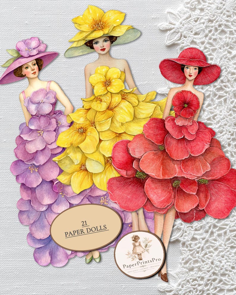 Printable paper dolls with flower dresses, women in bright botanical outfits, floral ephemera set for junk journal, scrapbooking, mixed media and collage projects, digital download includes JPG sheets and PNG cut files by PaperPrintsPro