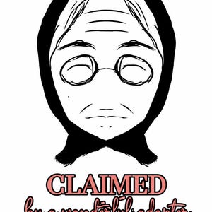 以下が含まれることがあります： 頭部を覆う布と丸い眼鏡をかけた人物の白黒の線画イラスト。顔の下には、ピンクのブロック体で「CLAIMED」、ピンクの筆記体で「by a wonderful adopter」という文字が白い背景に描かれています。