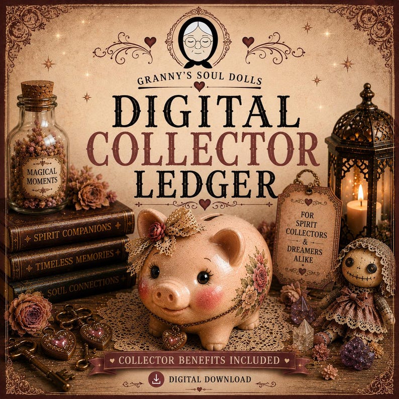May include: A digital collector ledger graphic featuring a pink piggy bank with a lace bow, a small doll, a glass jar labeled Magical Moments, and stacked books titled Spirit Companions, Timeless Memories, and Soul Connections with ornate text.