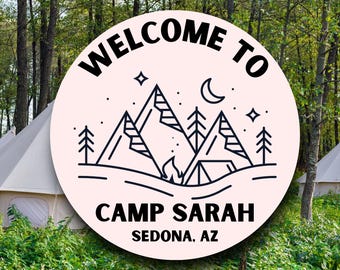 Camp Bachelorette Party Favor Labels Personalized | Custom Name Camping Sketch Stickers | Pink Bach Weekend Tags | Glamping Celebration
