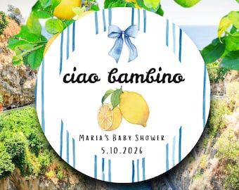 Ciao Bambino Baby Shower Favor Labels Italian Theme | Blue Stripe Lemon Stickers | Amalfi Coast Party Tags | Mediterranean Celebration