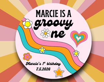 Groovy One First Birthday Labels Girl | Retro Pink Teal Orange Stickers | 70s Daisy Heart Favor Tags | Boho Birthday Party Decorations