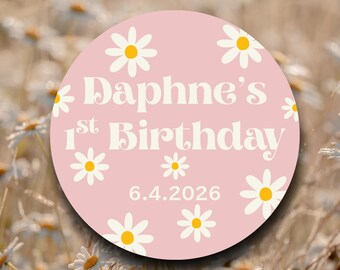 Daisy Birthday Party Favor Labels Pink | Cream Yellow Flower Stickers | Floral Celebration Tags | Garden Party Decorations Girl