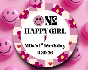 One Happy Girl First Birthday Labels | Pink Purple Checkered Smiley Face Stickers | 1st Birthday Favor Tags | Retro Flower Party Decorations