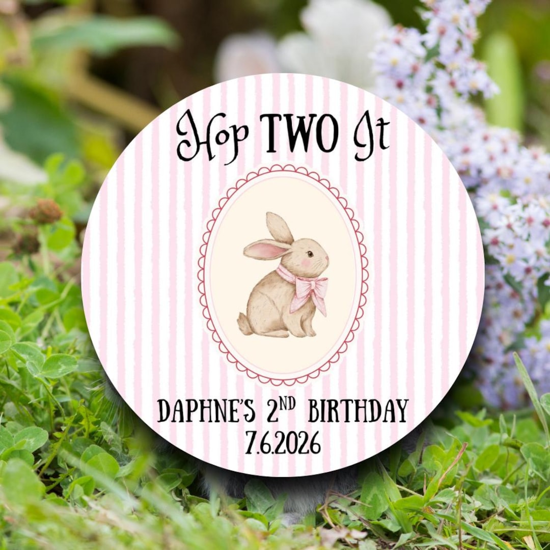 Hop Two It Birthday Party Labels Girl | Pink Stripe Watercolor Bunny ...