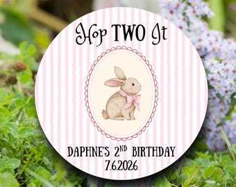 Hop Two It Birthday Party Labels Girl | Pink Stripe Watercolor Bunny Stickers | 2nd Birthday Favor Tags | Bunny Theme Celebration